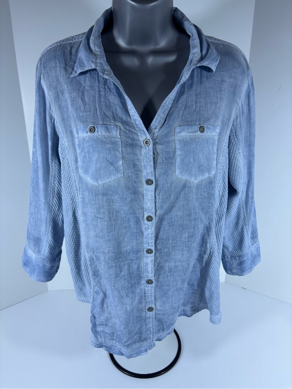 Keren Hart Blue Cotton Button Front Roll Tab Shirt Medium